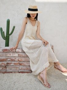 DAZY Solid Fringe Trim Tank Dress Without Liner - Beige - View 8