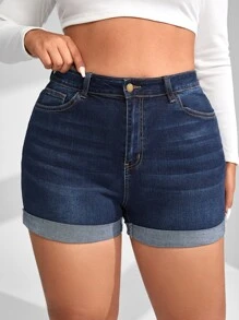SHEIN ICON Plus Roll Up Hem Shorts - Dark Wash - View 1