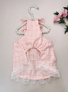 格紋印花寵物連衣裙 - 淺粉色 - 查看 4