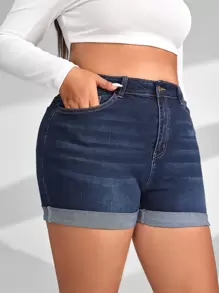 SHEIN ICON Plus Roll Up Hem Shorts - Dark Wash - View 3