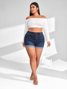 SHEIN ICON Plus Roll Up Hem Shorts - Dark Wash - View 5