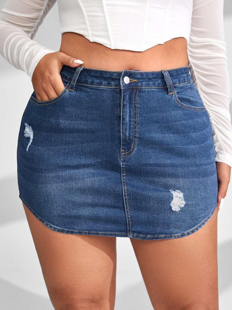 SHEIN Essnce váy ngắn denim kích thước lớn Nút Túi Bị tách Dây kéo màu trơn - Rửa trung bình - Xem 1