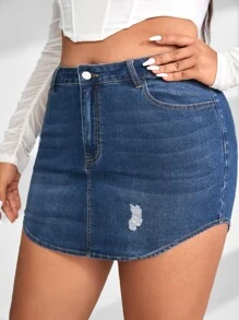 SHEIN Essnce váy ngắn denim kích thước lớn Nút Túi Bị tách Dây kéo màu trơn - Rửa trung bình - Xem 5