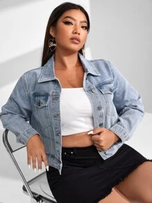 SHEIN Essnce Plus Flap Pocket Button Front Denim Jacket - Light Wash - View 1