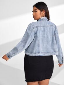 SHEIN Essnce Plus Flap Pocket Button Front Denim Jacket - Light Wash - View 2