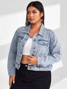 SHEIN Essnce Plus Flap Pocket Button Front Denim Jacket - Light Wash - View 3