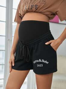 SHEIN Maternity Letter Graphic Drawstring Waist Shorts - Black - View 1