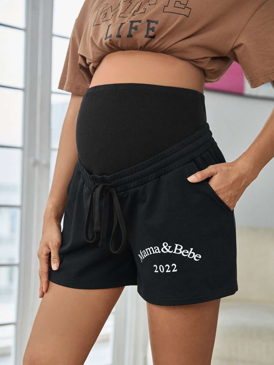 SHEIN Maternity Letter Graphic Drawstring Waist Shorts - Black - View 1