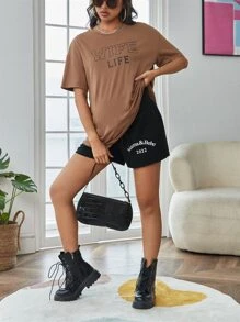 SHEIN Maternity Letter Graphic Drawstring Waist Shorts - Black - View 5