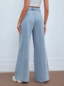 SHEIN Frenchy Quần jean nữ Nút Xếp li Túi Dây kéo màu trơn - Rửa nhẹ - Xem 2