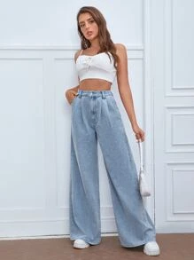 SHEIN Frenchy Quần jean nữ Nút Xếp li Túi Dây kéo màu trơn - Rửa nhẹ - Xem 3