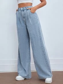 SHEIN Frenchy Quần jean nữ Nút Xếp li Túi Dây kéo màu trơn - Rửa nhẹ - Xem 4
