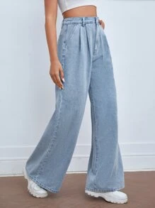 SHEIN Frenchy Quần jean nữ Nút Xếp li Túi Dây kéo màu trơn - Rửa nhẹ - Xem 5