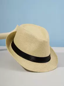 Sombrero de paja tejido de Color sólido para hombre, sombrero de Jazz, sombrero con protección solar para ancianos, sombrero de cubo transpirable, 1 pieza - Albaricoque - Ver 1