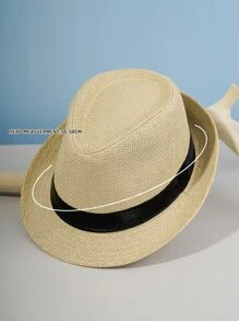 Sombrero de paja tejido de Color sólido para hombre, sombrero de Jazz, sombrero con protección solar para ancianos, sombrero de cubo transpirable, 1 pieza - Albaricoque - Ver 5