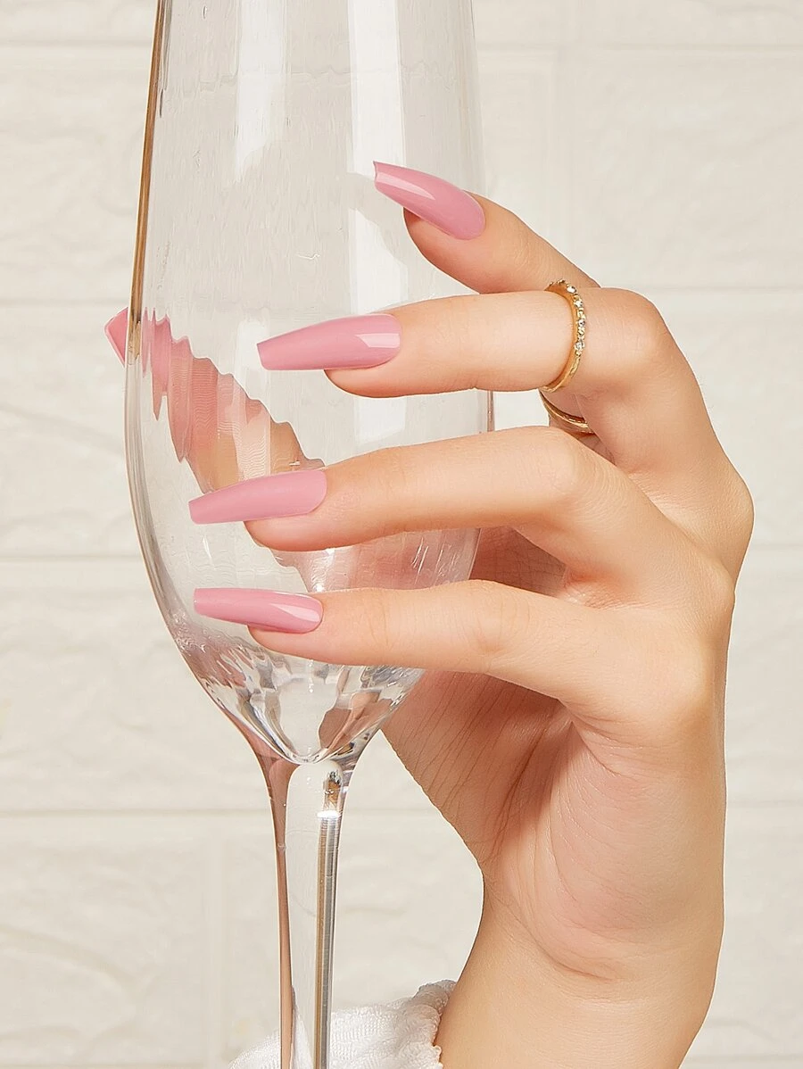 Upgrade Your Look with 24pcs Long Coffin Pink Solid Glossy Fake Nail & 1pc Nail File & 1sheet Tape - Pink - View 1