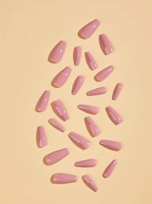 Upgrade Your Look with 24pcs Long Coffin Pink Solid Glossy Fake Nail & 1pc Nail File & 1sheet Tape - Pink - View 5