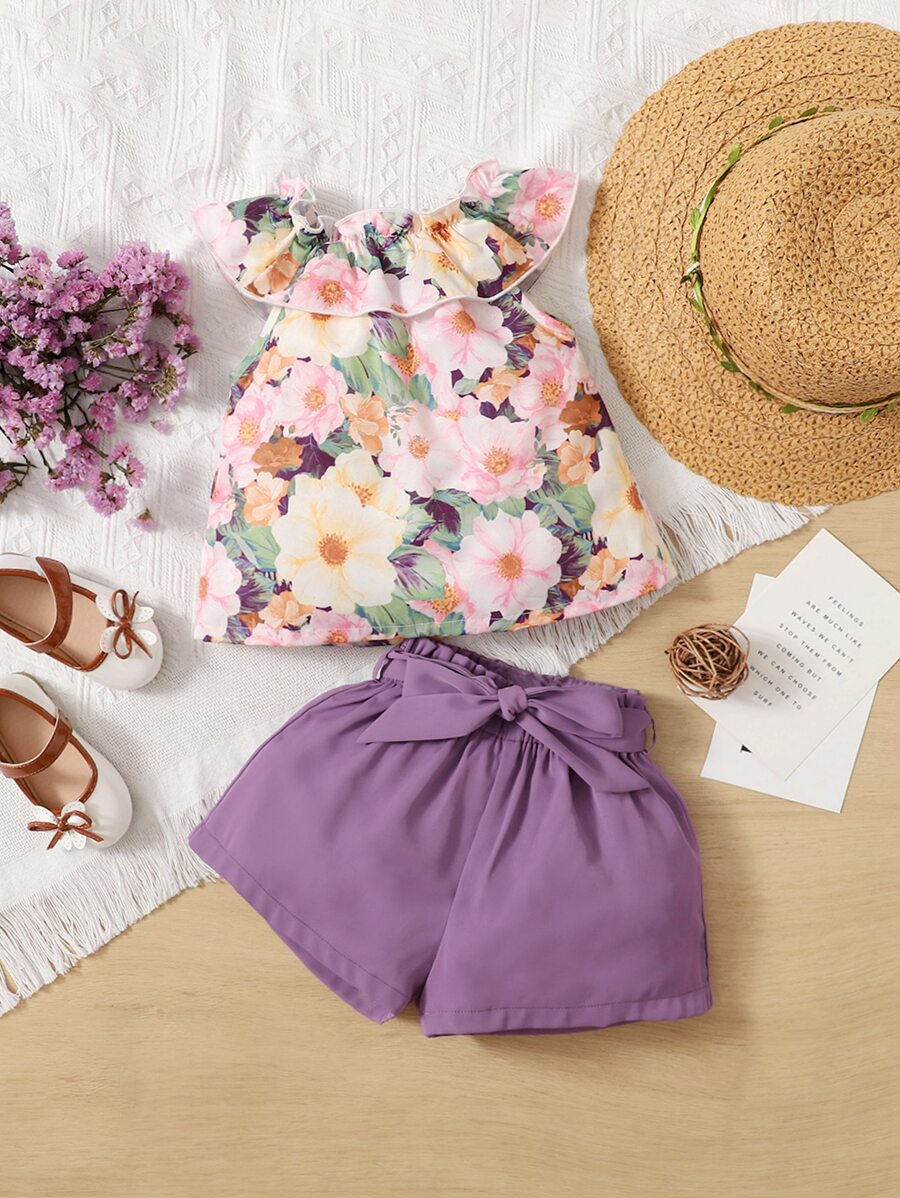 SHEIN Baby Floral Print Ruffle Trim Top & Belted Shorts - Multicolor - View 1