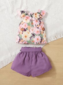 SHEIN Baby Floral Print Ruffle Trim Top & Belted Shorts - Multicolor - View 2