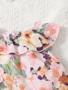 SHEIN Baby Floral Print Ruffle Trim Top & Belted Shorts - Multicolor - View 3