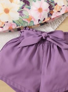 SHEIN Baby Floral Print Ruffle Trim Top & Belted Shorts - Multicolor - View 4