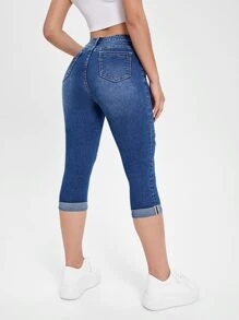 SHEIN Essnce High Waist Ripped Roll Up Hem Capri Skinny Jeans - Dark Wash - View 2