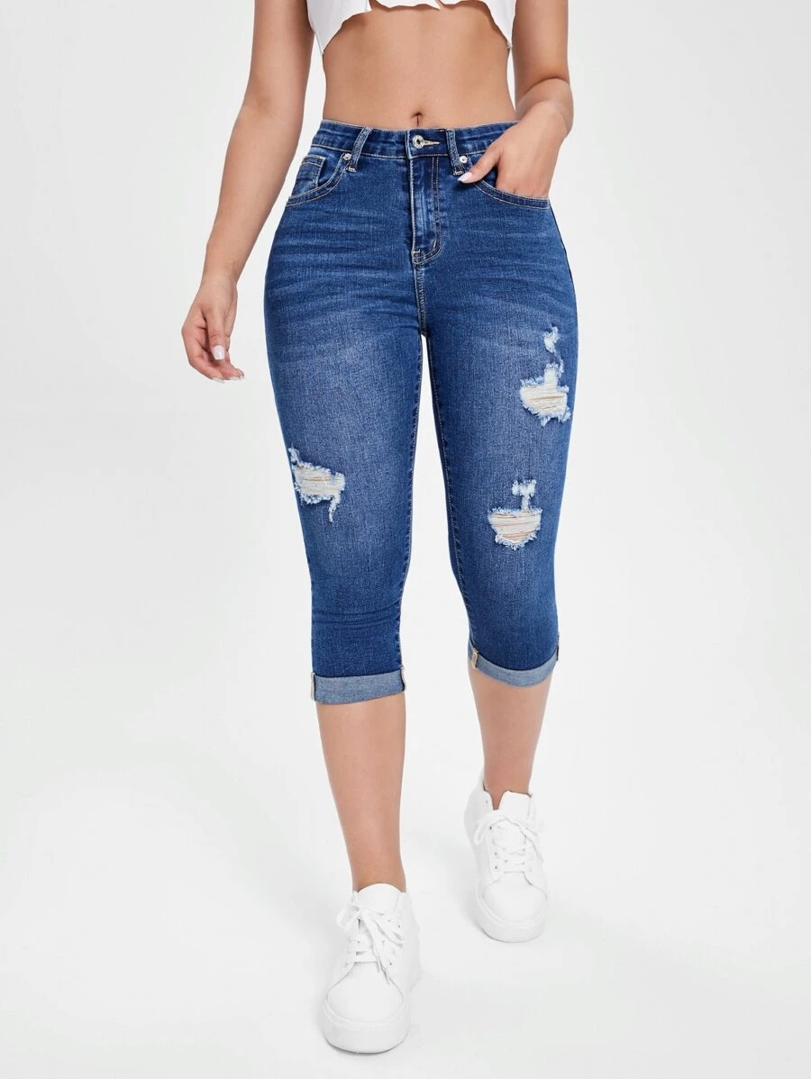 SHEIN Essnce High Waist Ripped Roll Up Hem Capri Skinny Jeans - Dark Wash - View 1