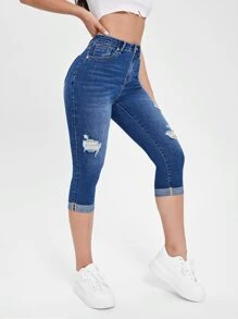SHEIN Essnce High Waist Ripped Roll Up Hem Capri Skinny Jeans - Dark Wash - View 3