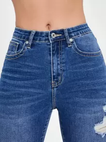 SHEIN Essnce High Waist Ripped Roll Up Hem Capri Skinny Jeans - Dark Wash - View 4