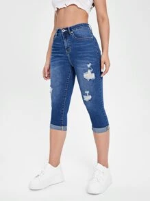 SHEIN Essnce High Waist Ripped Roll Up Hem Capri Skinny Jeans - Dark Wash - View 6