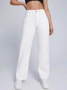 Solid Straight Jeans - White - View 1