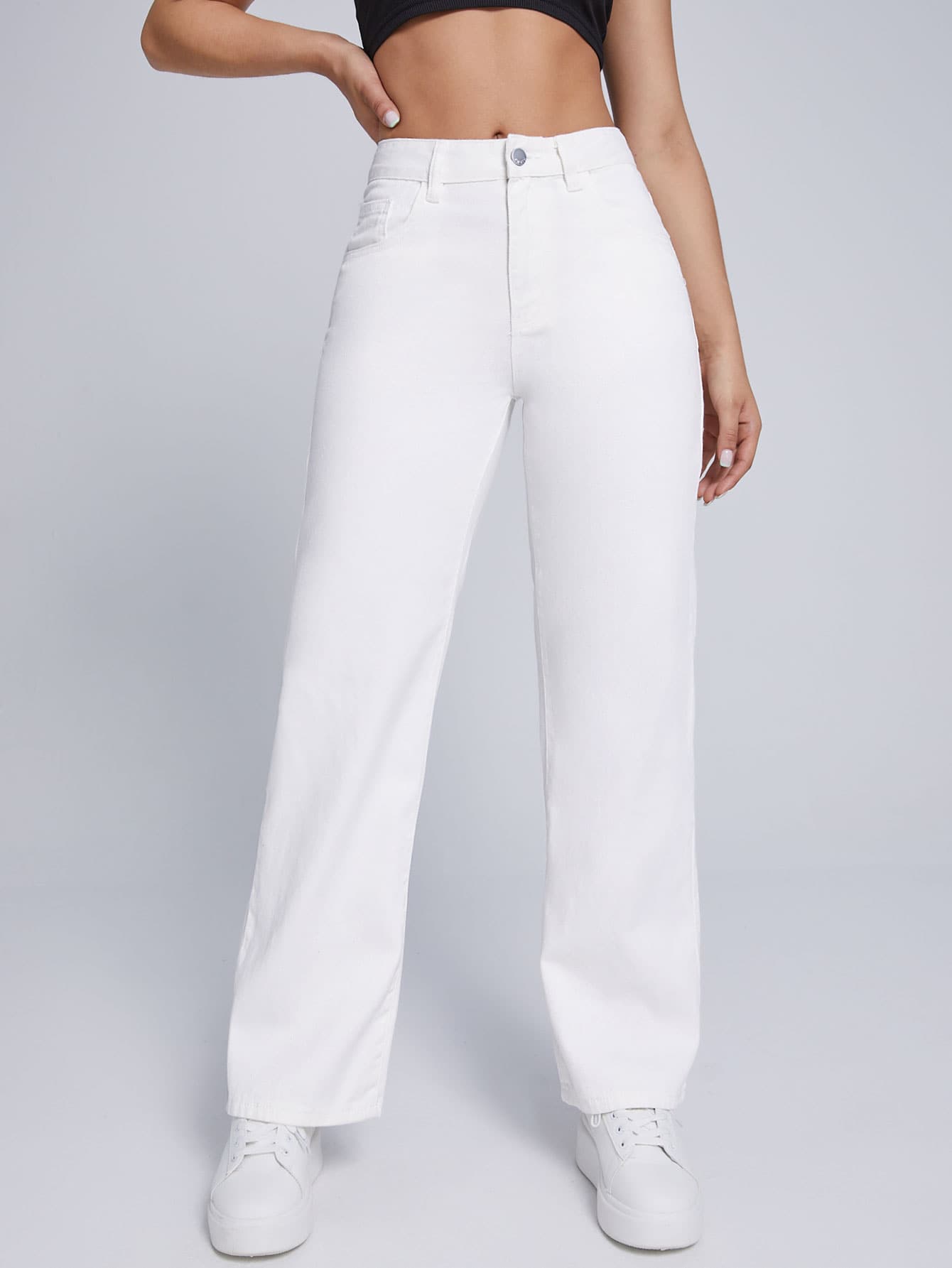 Solid Straight Jeans - White - View 1