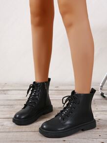 Unisex Women's Fashion Boots, Lace-up Front Style Combat Boots - Black - View 1