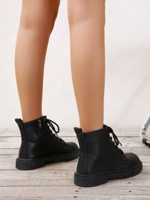Unisex Women's Fashion Boots, Lace-up Front Style Combat Boots - Black - View 2