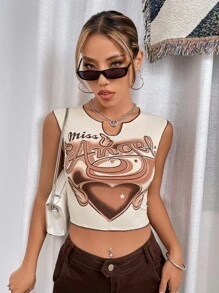 SHEIN Unity 愛心和字母圖案頂針缺口領短款背心 - 杏色 - 查看 5