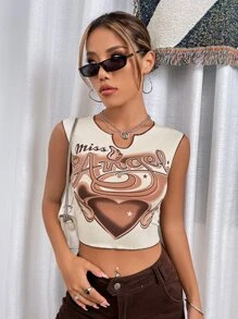 SHEIN Unity 愛心和字母圖案頂針缺口領短款背心 - 杏色 - 查看 6