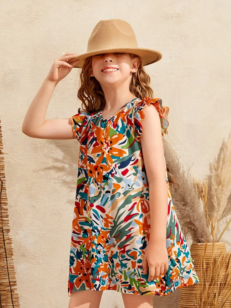 SHEIN Tween Girl Floral Print Butterfly Sleeve Dress - Multicolor - View 1