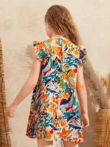 SHEIN Tween Girl Floral Print Butterfly Sleeve Dress - Multicolor - View 2