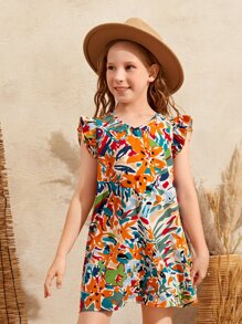 SHEIN Tween Girl Floral Print Butterfly Sleeve Dress - Multicolor - View 3