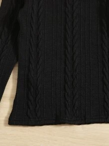 SHEIN Tween Girl Cable Textured Lettuce Trim Mock Neck Tee - Black - View 3