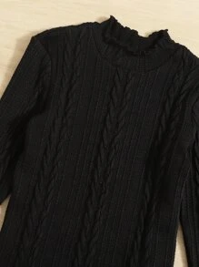SHEIN Tween Girl Cable Textured Lettuce Trim Mock Neck Tee - Black - View 4