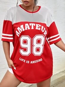 SHEIN Coolane 大碼字母圖案撞色球衣T恤 - 紅白色 - 查看 1