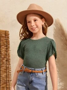 SHEIN Tween Girl Guipure Lace Insert Tee - Army Green - View 2