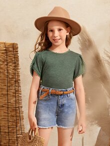 SHEIN Tween Girl Guipure Lace Insert Tee - Army Green - View 5