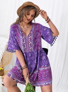 Rusttydustty Plus Paisley Print Flounce Sleeve Fringed Smock Dress - Violet Purple - View 4