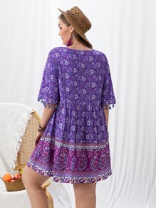 Rusttydustty Plus Paisley Print Flounce Sleeve Fringed Smock Dress - Violet Purple - View 2