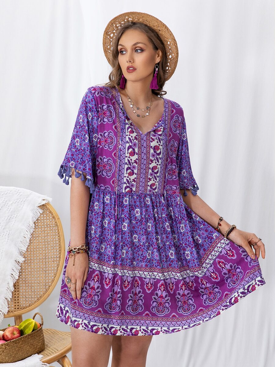 Rusttydustty Plus Paisley Print Flounce Sleeve Fringed Smock Dress - Violet Purple - View 1