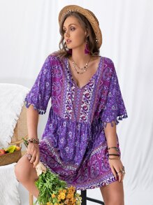 Rusttydustty Plus Paisley Print Flounce Sleeve Fringed Smock Dress - Violet Purple - View 6
