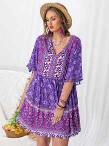 Rusttydustty Plus Paisley Print Flounce Sleeve Fringed Smock Dress - Violet Purple - View 5