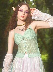 ROMWE Ditsy Floral Bow Cami Top - Green - View 1